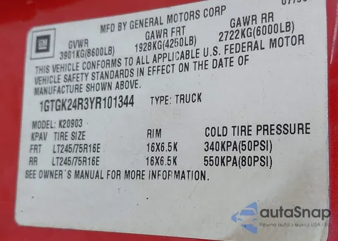 2000 GMC Sierra 2500 Classic Sl z USA, uszkodzony, nr VIN 1GTGK24R3YR101344